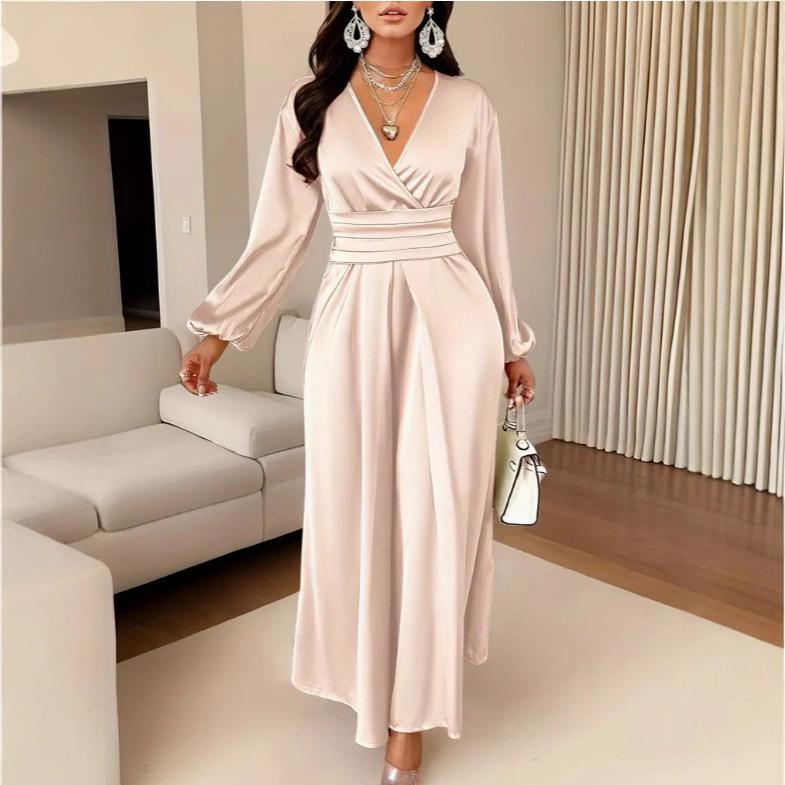 Women's Satin V Neck Wrap Lantern Sleeve Bandage Waist Pleated Maxi Dress Solid Color Casual Dress