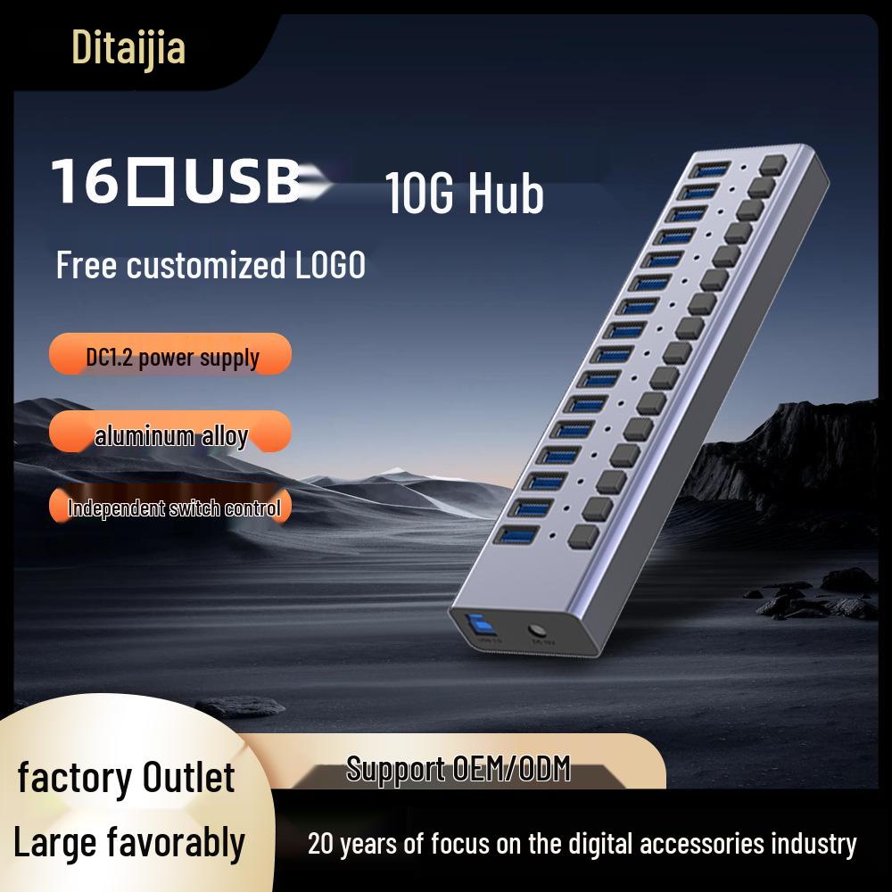 16-Port USB 3.1 Hub with 10Gbps High-Speed Transmission, Aluminum Alloy, Independent Switches, and Multi-Port Expansion Dock.