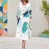 Women Plus Size V Neck Long Sleeve White Blue Printed A Line Midi Dress With Pockets