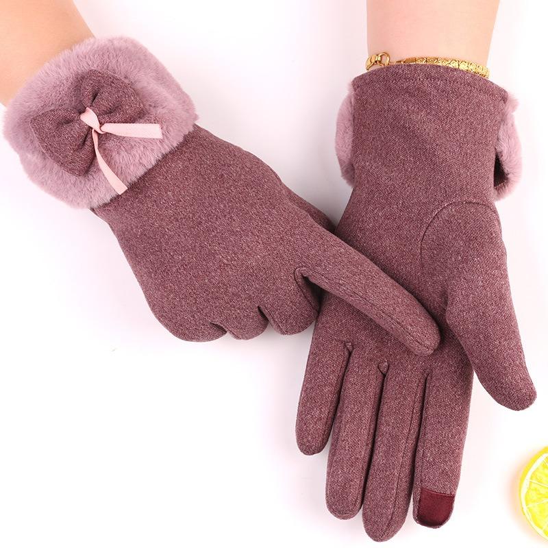 Warm Gloves Autumn and Winter Women's Fleece Bow Driving Outdoor Riding Fleece Cold-proof Winter Gloves