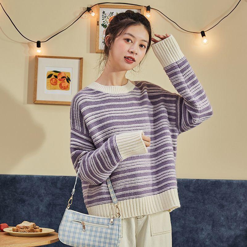 

Пуловер свитер 2022 осень и зима новый свитер женщины свободный полосатый корейский вязаный свитер верхняя одежда топ