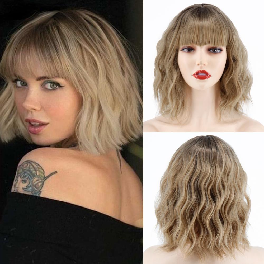 MERISIHAIR Brązowe krótkie peruki Bob Wave z grzywką Blond dla kobiet Naturalne odporne na ciepło syntetyczne peruki Codzienne noszenie Cosplay Kręcone włosy
