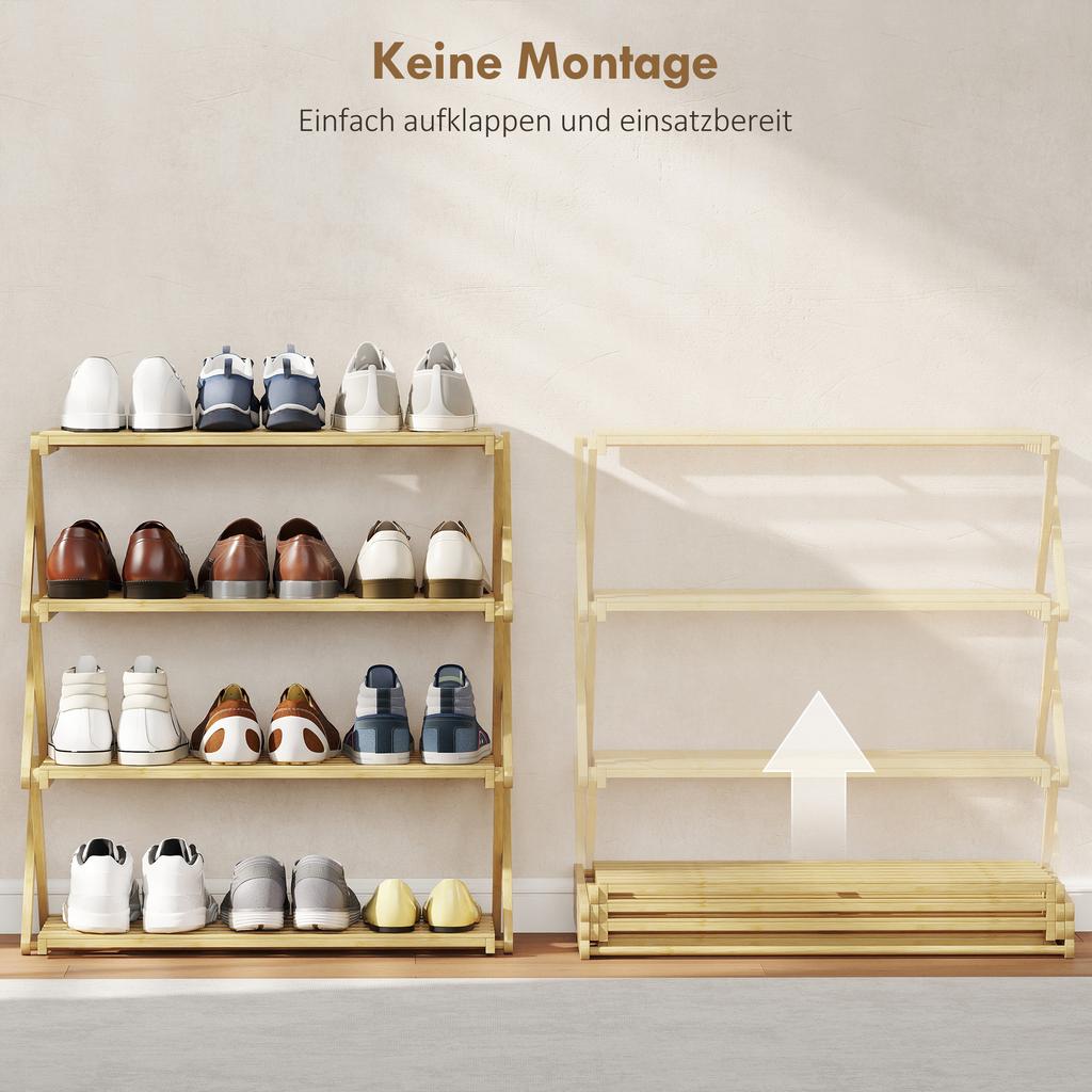 Four-Tier Folding Bamboo Shoe Rack - Natural Finish