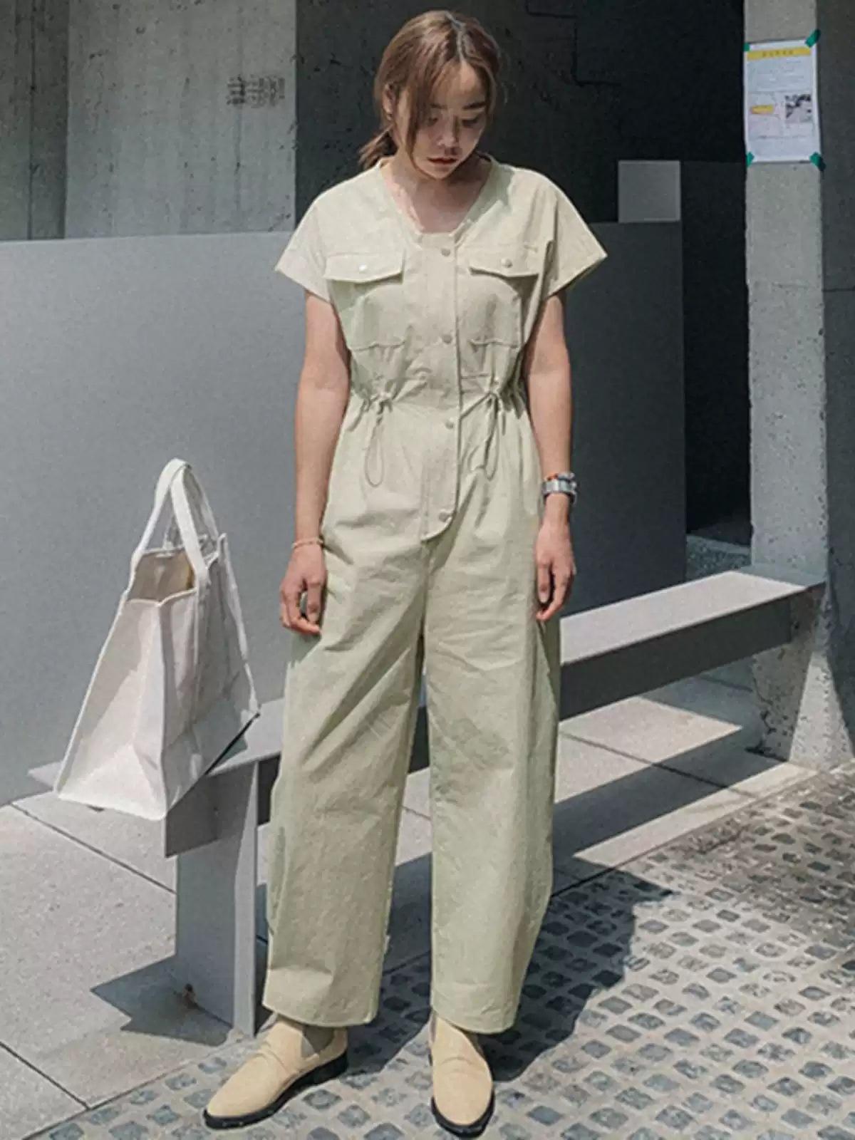 

Johnature Summer Short Sleeve Women V-Neck Casual Drawstring Cropped Straight Women Jumpsuits XL