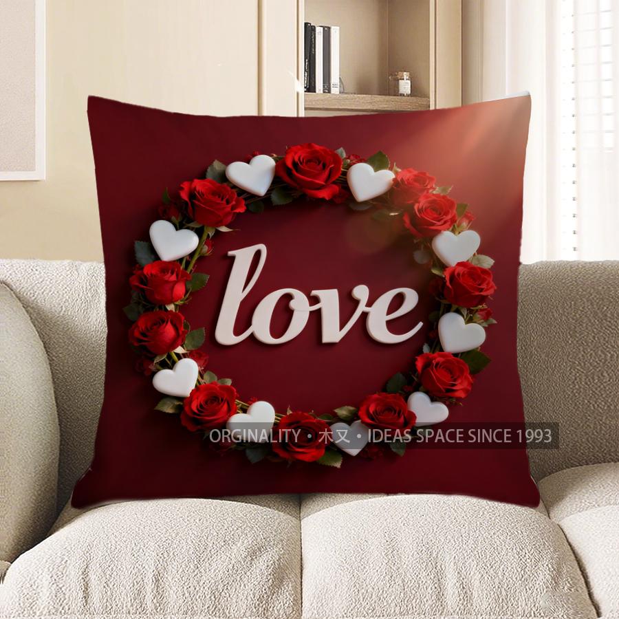 2D Heart-Shaped Love Roses Cushion Cover Pattern Cushion Cover Suitable For Sofa Bedroom Car Pillow Cover