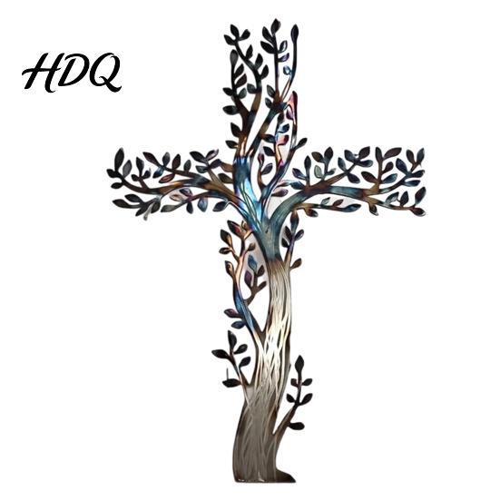 Metal Tree Wall Hanging Cross Art of Life Crosses Hollow Branch Leaf M