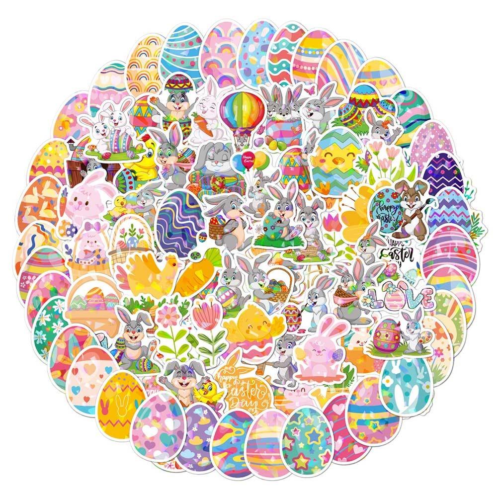 50/100PCS Multicolor Cartoon Rabbit Stickers Vinyl Holographic Glisten Easter Egg Decals Waterproof Self-adhesive