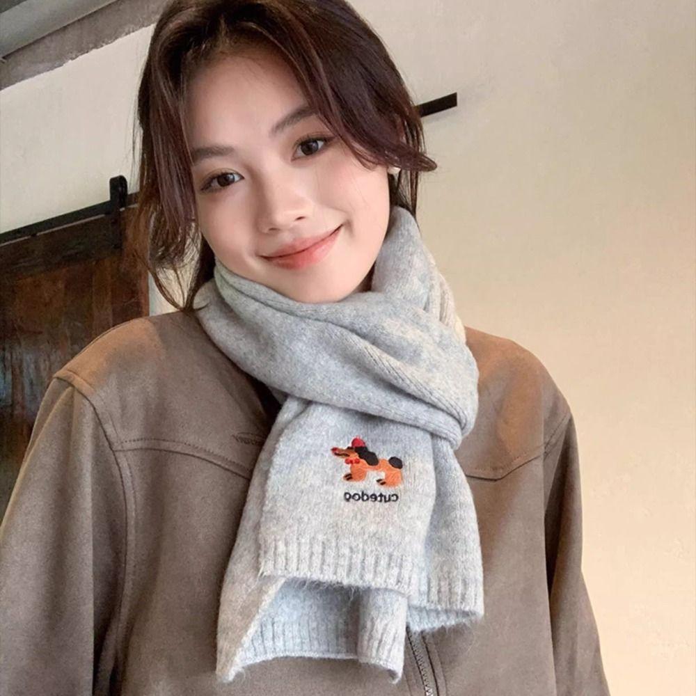 Thicken Knitted Scarf Plush Winter Wool Scarves Elegant Dog Embroidered Shawl  Student