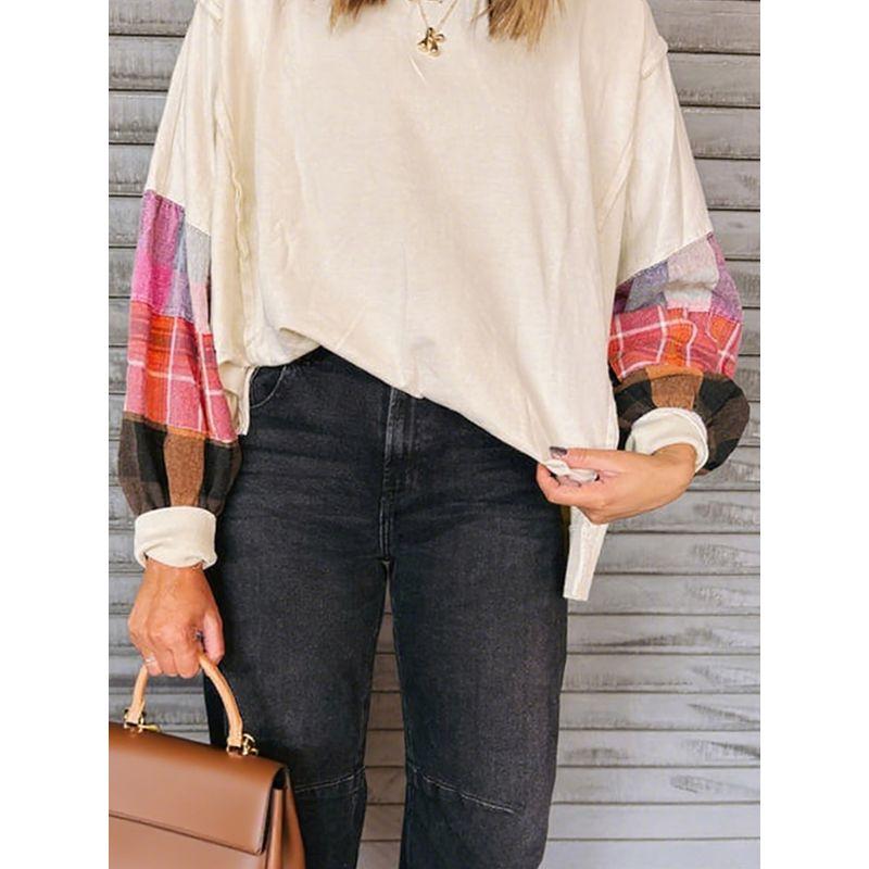 American Shiying Plaid Patchwork Long sleeve Top Women 2025 Autumn and Winter New Loose Contrast Color round Neck Knit