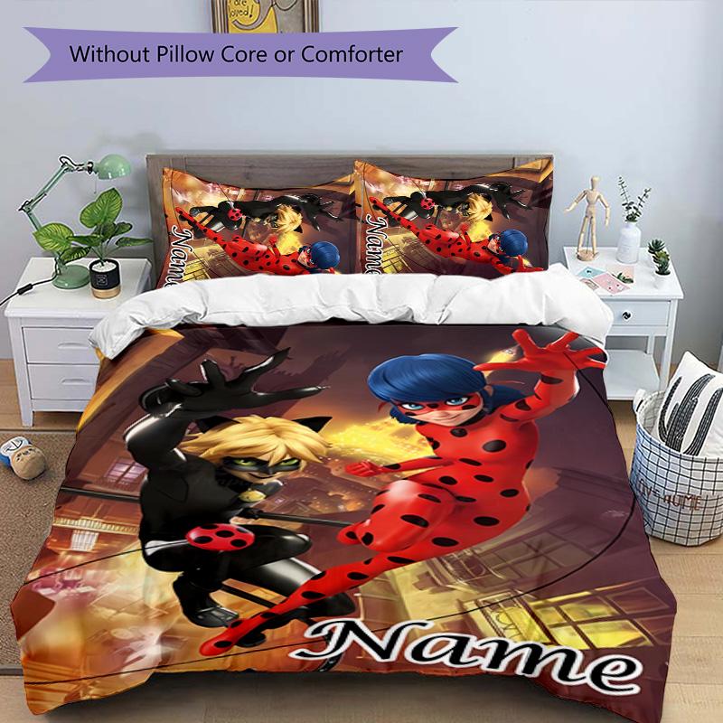 3pcs Ladybug2 Cover Set - Personalized Name, HD Printed Bedding with 1 Cover and 2 Pillowcases - Perfect for Home Decor, Easy Care