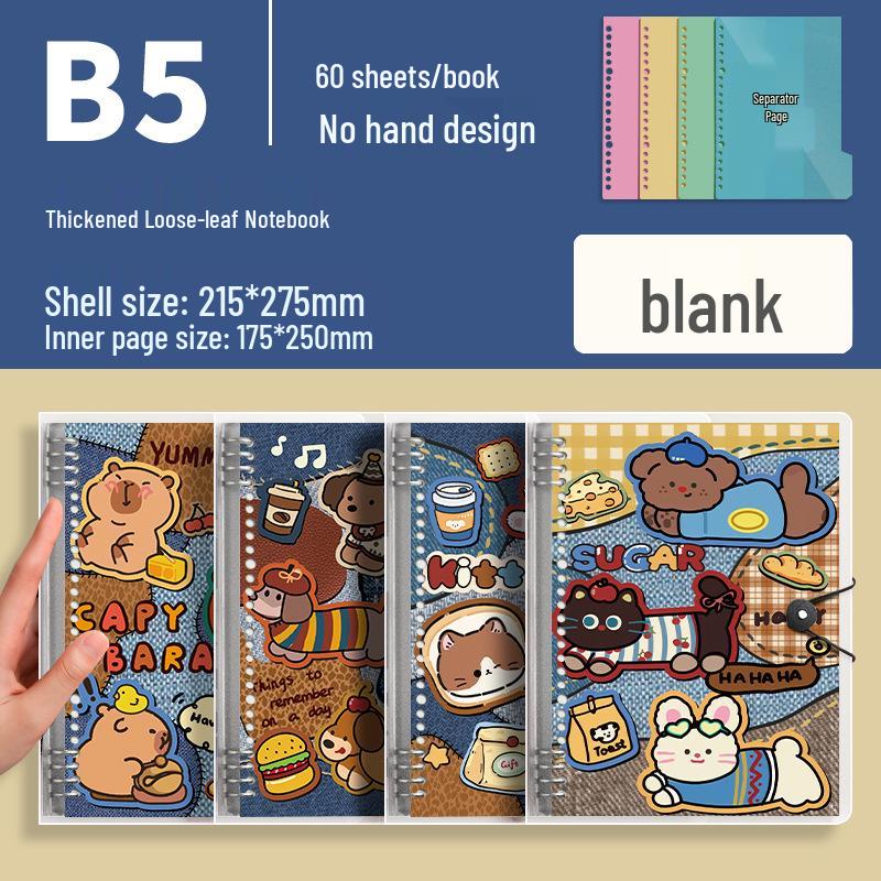 High-Value Denim Loose-Leaf Notebook, B5/A5 Detachable Iron Ring, Cartoon Design for Students