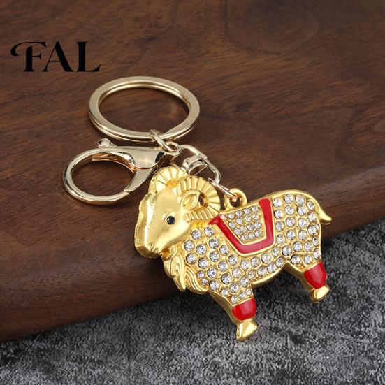 Durable Metal Keychain Zodiac with Rhinestones, Sheep Design Bag Pendant, Chinese New Year Lucky Goat Key Charm, Feng Shui Ornament for Car
