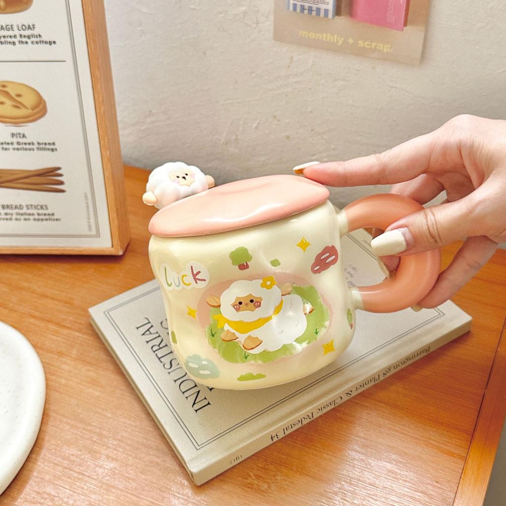 Cute Cartoon Lamb Ceramic Cup Birthday Gift Girl Mug with Lid Couple Girl High value Water Cup