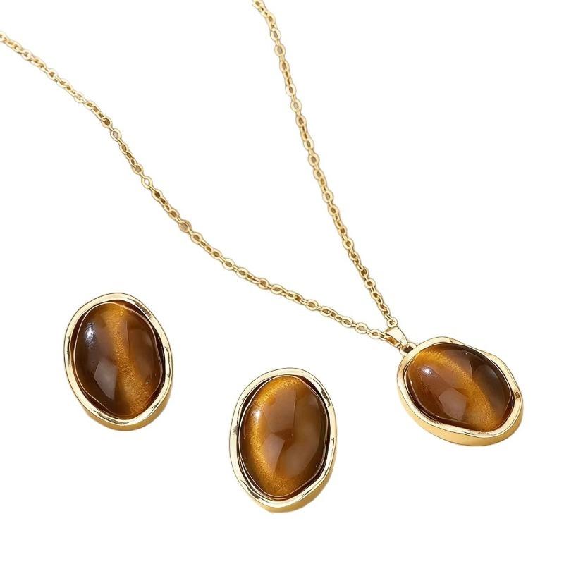 Gold Plated Wavy Bezel Oval Tiger Eye Matching Necklace & Stud Earrings Jewelry Set