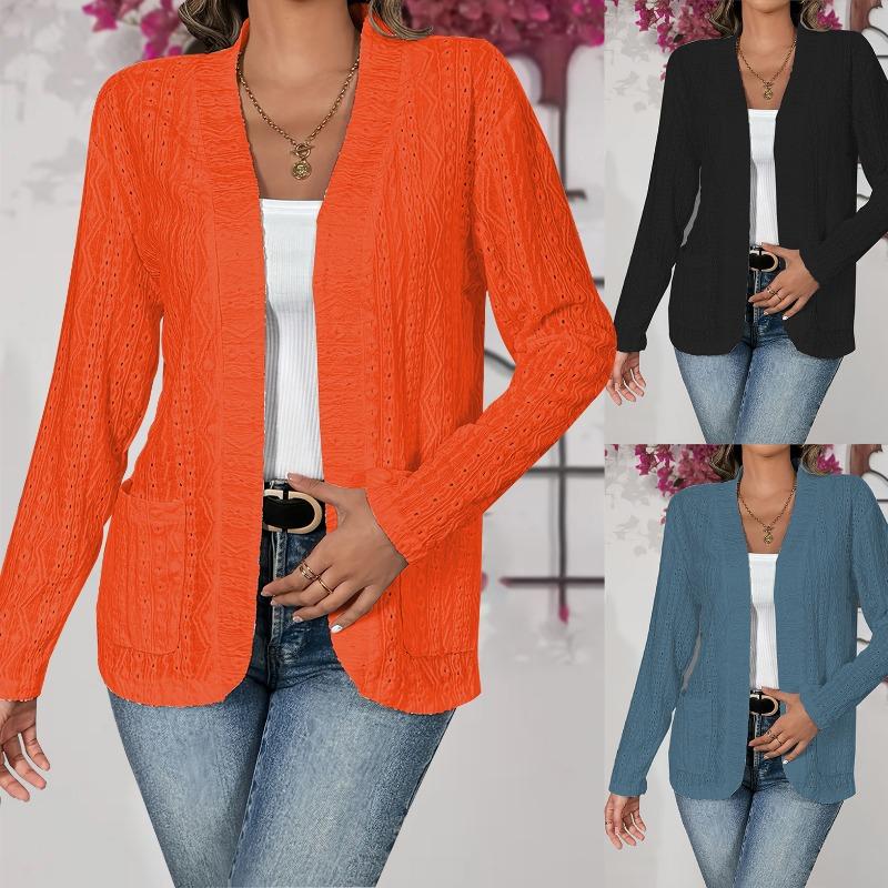 Herbst und Winter Damen Elegante Reine Farbe Spitze Doppeltasche Offenes Revers Langarmjacke