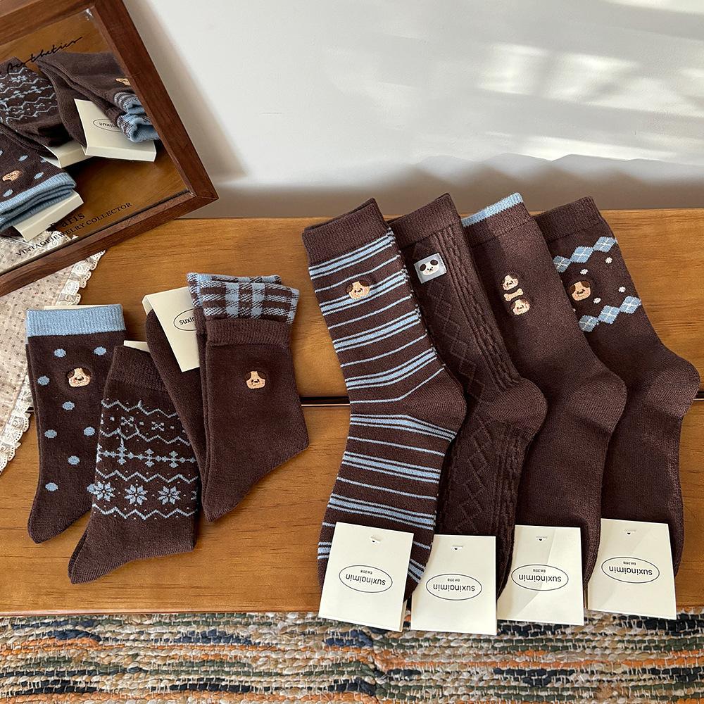 Women's Spring, Autumn and Winter Blue Coffee Mid-calf Socks Embroidered Puppy Warm Fleece Pile Socks