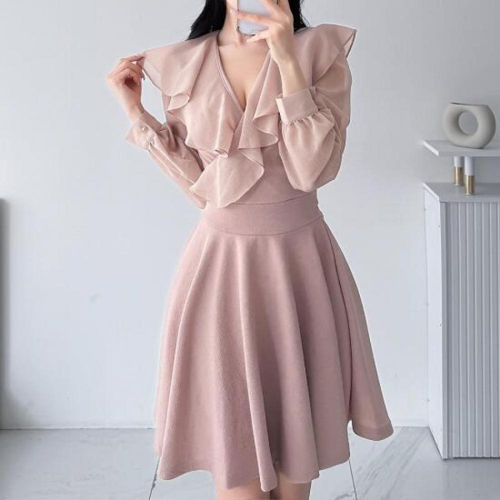 New ArriVals Open Run Women Frill Detail V Neck Long sleeVe Flare Mini Dress