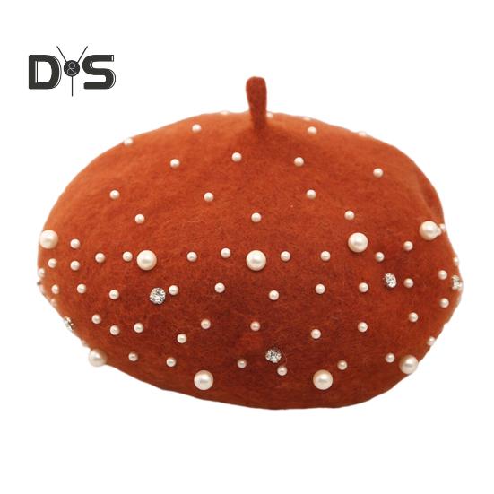 Baskenmütze für Damen, Kunstperlen, Strass-Dekor, Vintage-Wollmütze im englischen Stil, ohne Krempe, einfarbig, verstellbare Träger, Kürbismütze