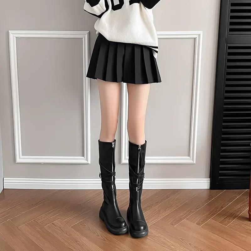 Maillard Women's Boots  Autumn Winter New Thick Soled Round Toe Mid Top Boots Retro Long Motorcycle Short Boots Botas Mujer