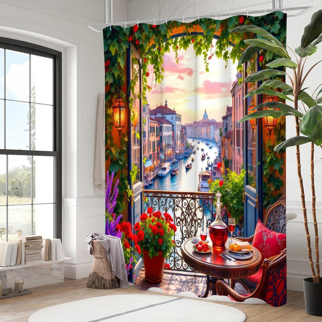 Floral Door Pattern Shower Curtain, Bathroom Shower Waterproof Curtain with 12 Hooks, Fish Shaped Home Decoration, Free Delivery