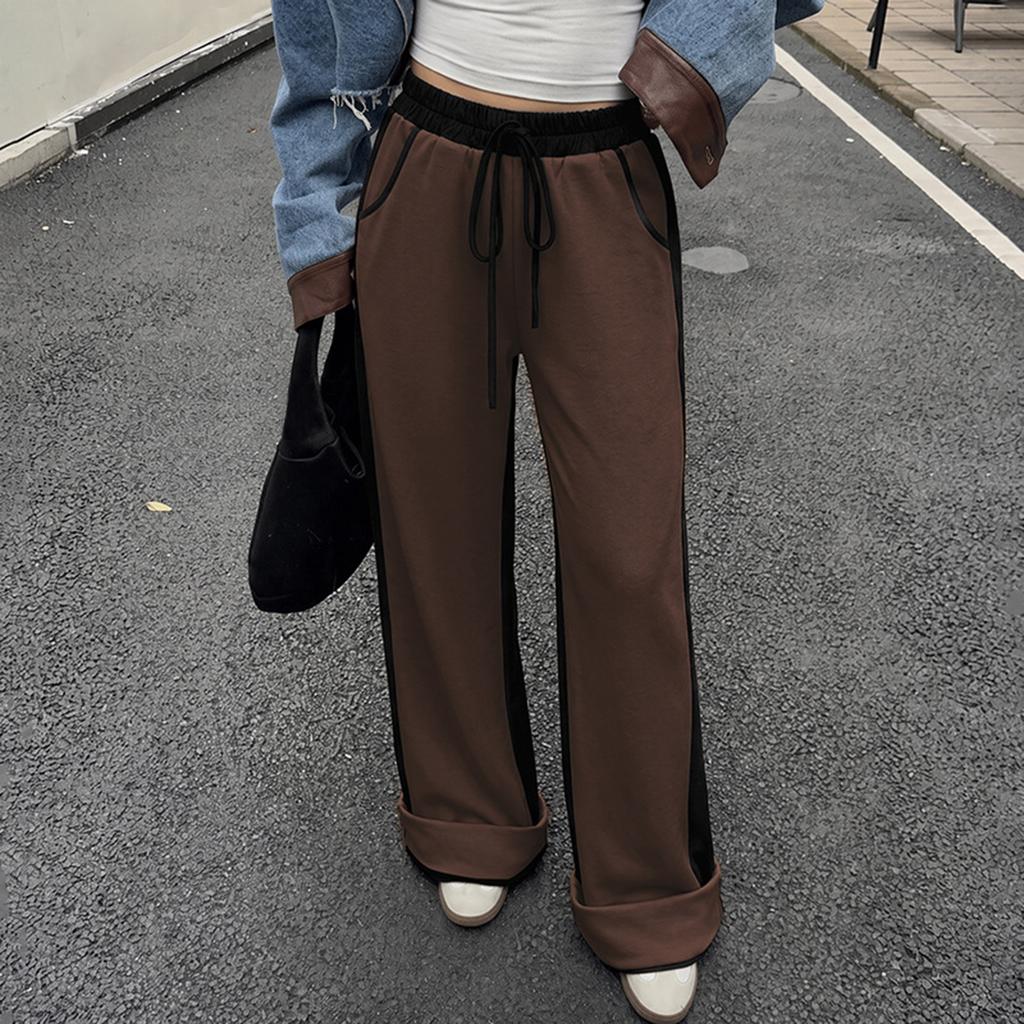 Women's Color-Block High-Waist Elastic Waist Casual Pants with Pockets for Work and Everyday Wear