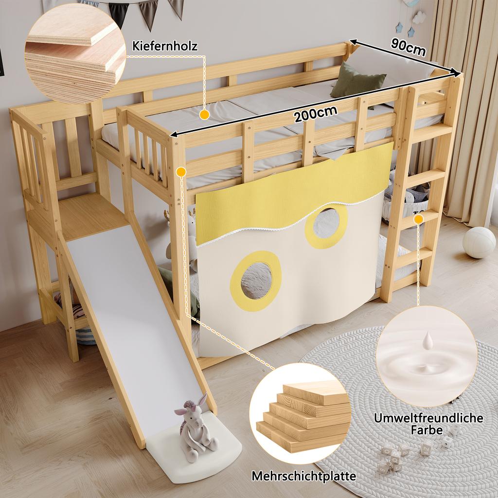 Bunk Bed, Wooden Bed with Stairs and Fences, with Bed Curtain, Slide, Children's Bed with Fall Protection and Guardrail, MDF+Pine, Natural, 90x200cm