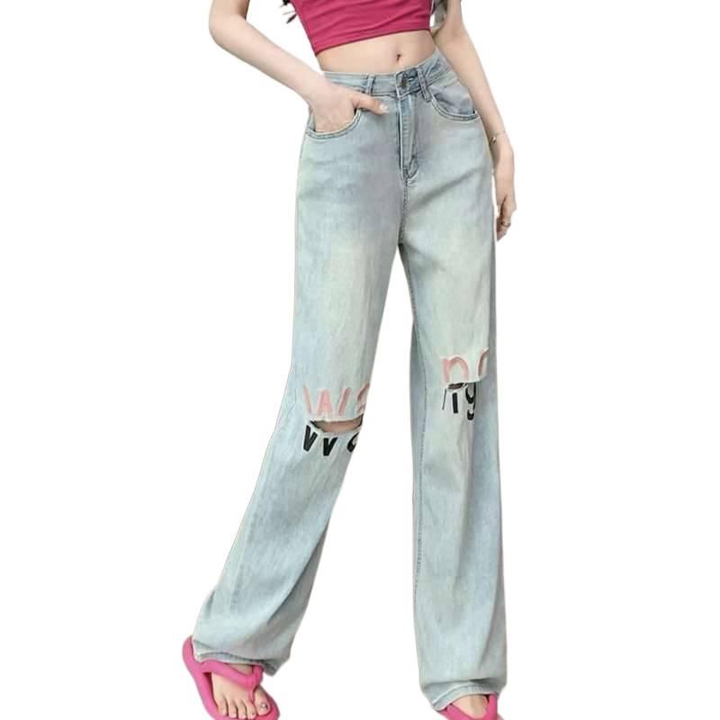 Light Ripped High-Waisted Wide-Leg Jeans for Women - Summer Slimming Loose Fit