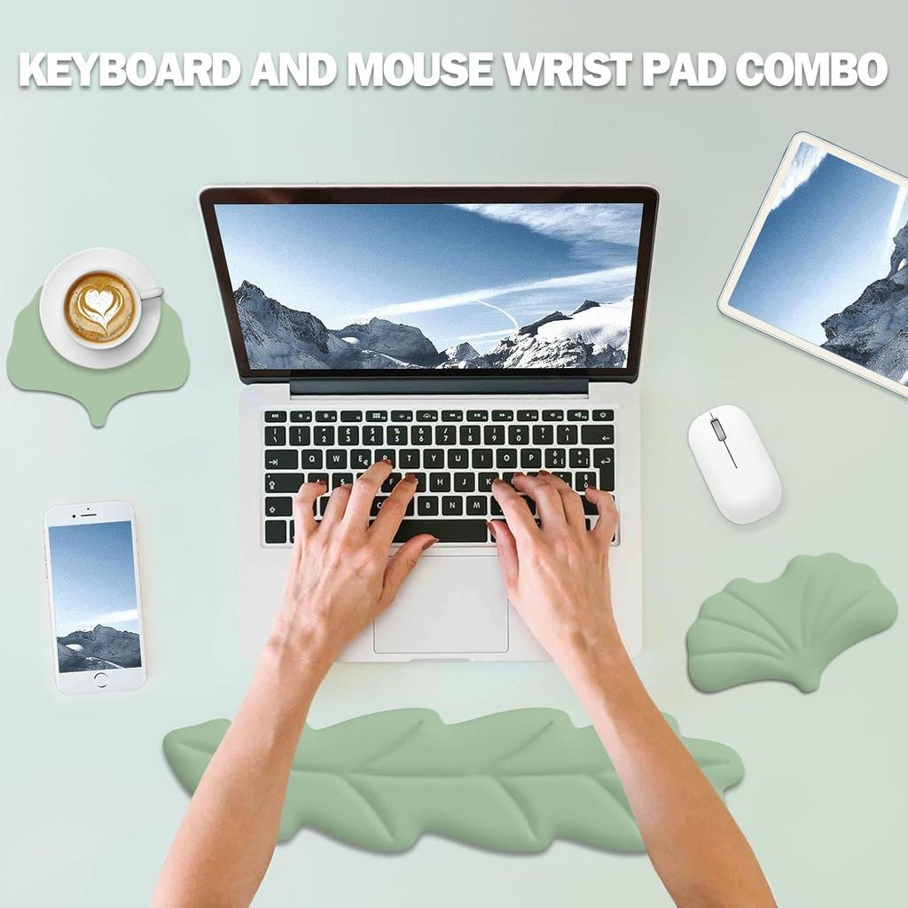 Keyboard Wrist Rest Pad Set Leaf Shape PU Leather Memory Foam Wrist Cushion Support,Mouse Wrist Rest Pad,Non-Slip Wrist Support