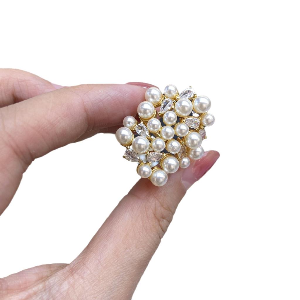 Temperament Elegant Light Luxury Geometric Wide-sided Rhinestone Open Ring Dense Row Inlaid Zircon Pearl Ring Ring Ring
