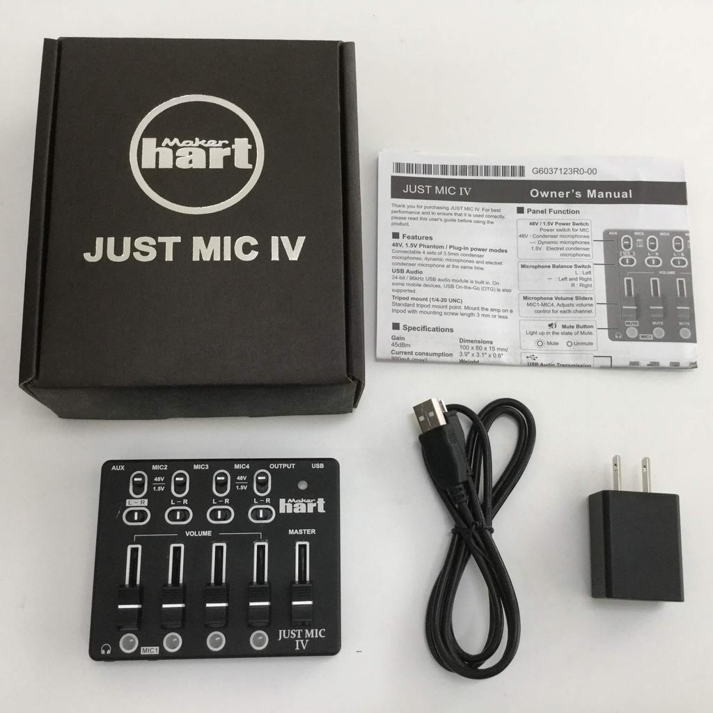 Maker Hart Just Mic 4 Webcasting 4 Channel Microphone Mixer 48V Phantom Power Compatible with All Microphones USB Power