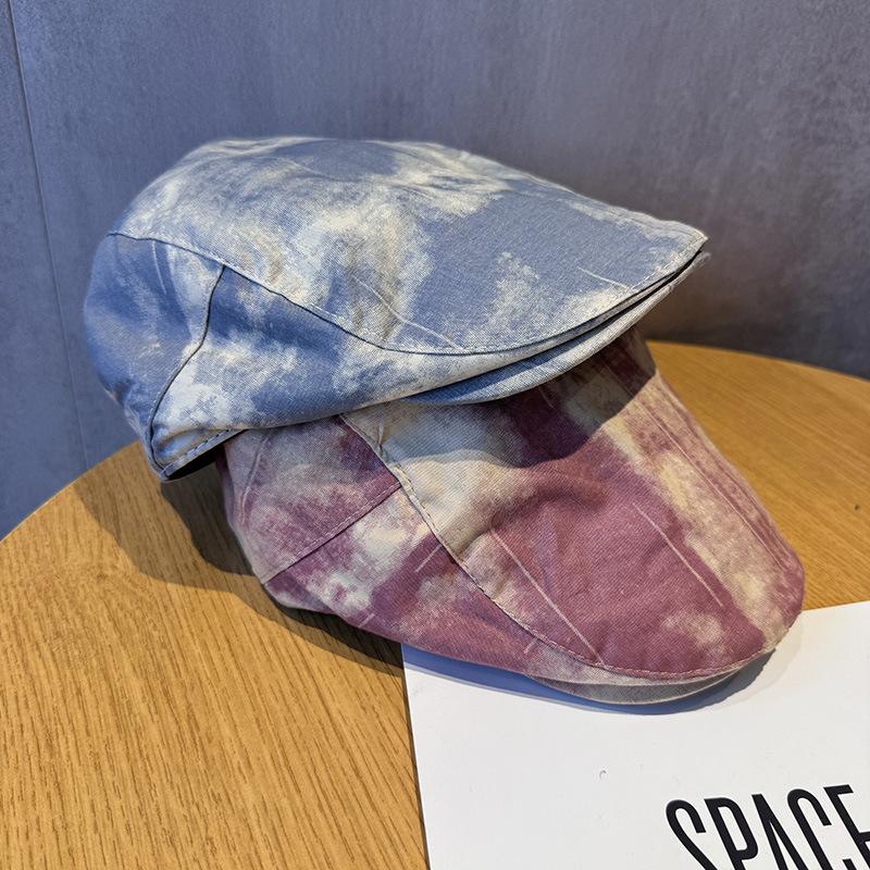 Retro Tie-dye Forward Hat Women's Spring and Summer Versatile Face Small Beret Big Head Circumference Reverse Hat New
