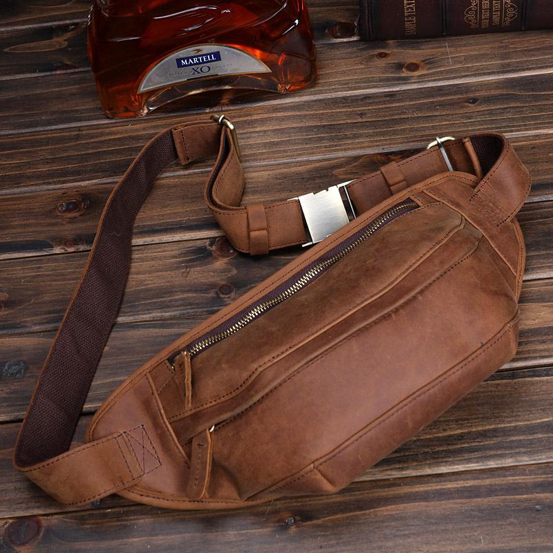 Genuine Leather Men's Waist Bag, Crazy Horse Leather Men's Head Cover Layer, Cowhide Small Chest Bag, Crossbody Sports Phone Bag
