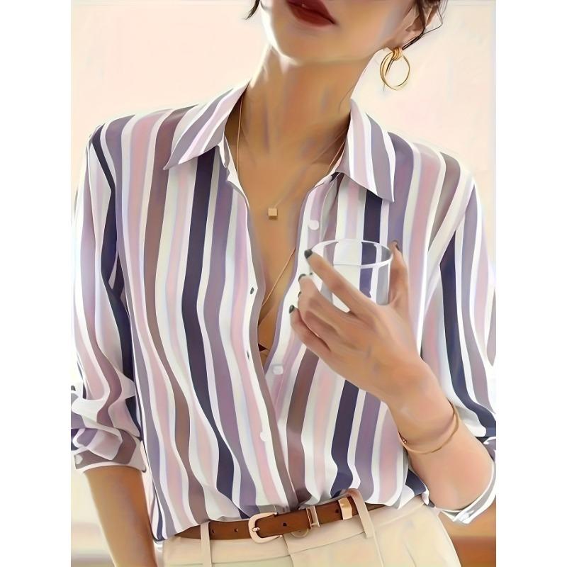 Spring New Women's Niche Retro Lapel Long-sleeved Contrasting Color Temperament Striped Shirt