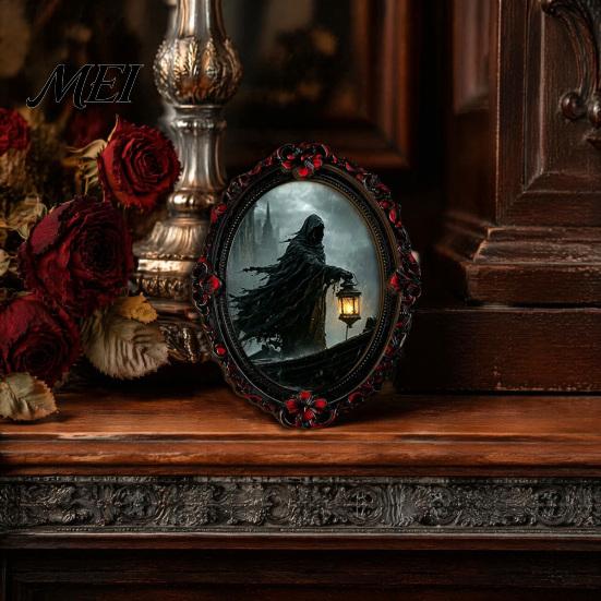 Soft Magnetic Backing Fridge Stickers Halloween Magnet, Ghost Witch Photo Frame, Wooden Waterproof Retro Oil Painting Magnets Frame Decoration,