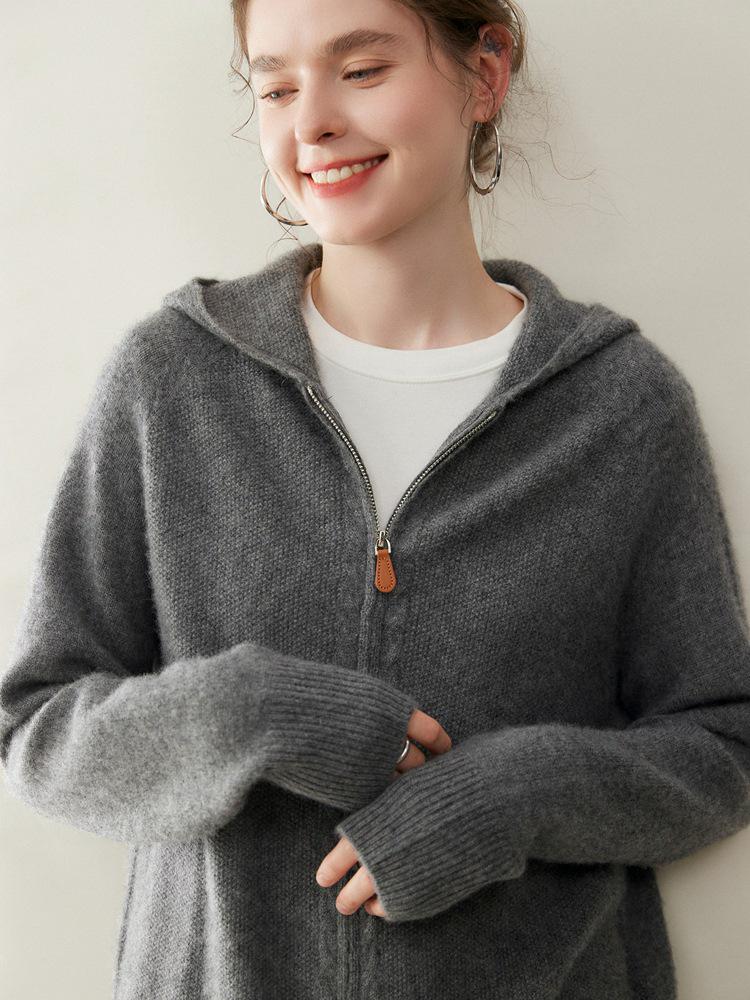 Elegant Hooded Cashmere Knit Cardigan for Women - Cozy, Loose Fit, Thick Zipper Sweater Coat