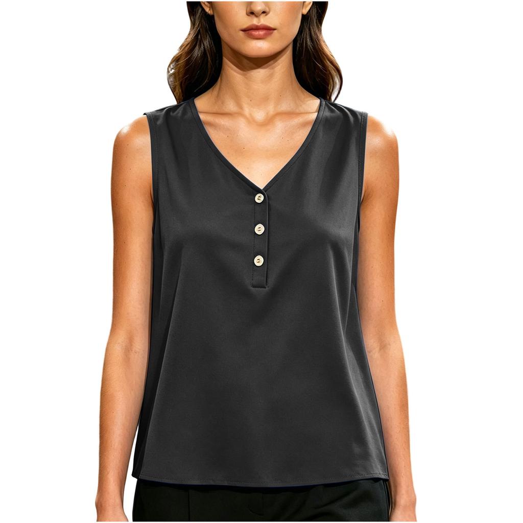 Women's Loose Fit Sleeveless V Neck Pullover Top Button Detail Casual Summer Blouse Lightweight Tank Shirt