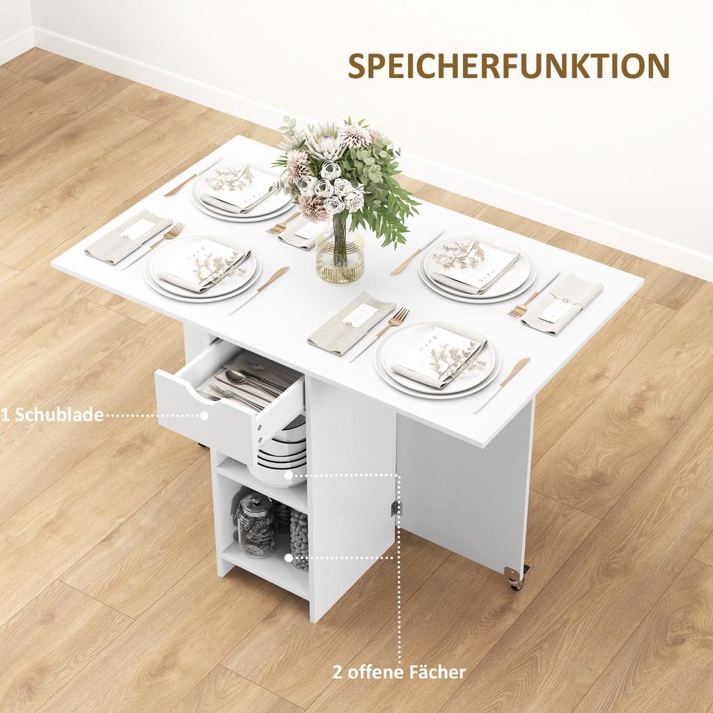 Foldable Dining Table for 2-4 People, Folding Kitchen Table with Storage, Extendable Table on Wheels, White