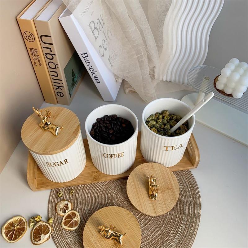 3 Piece Set European White Elk Storage Jar Set Creative Ceramic Candy Jar Home Vertical Pattern Nuts Snacks Herb Storage Bottle