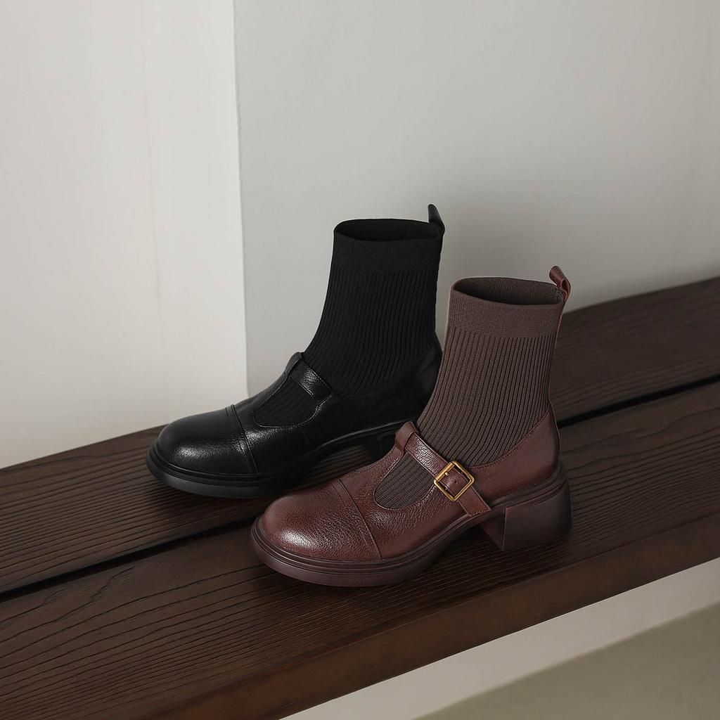 Krazing Pot Cow Skin Round Toe Chunky Heels Stretch Boots Size 42 Women Metal Buckle Knitwear Ankle Boots