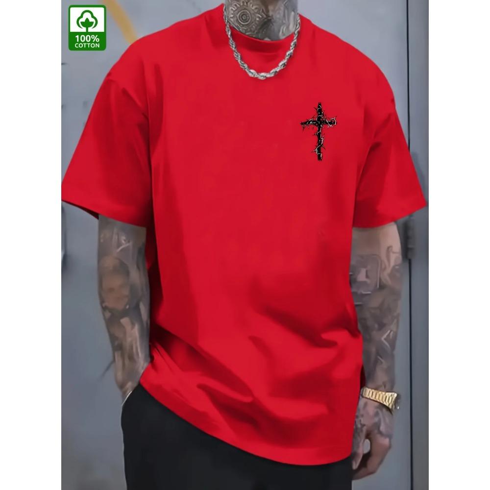 Tricou de vară pentru bărbați, 100% bumbac, confortabil, casual, larg, mărime plus, creativ, cu model încrucișat imprimat, gât rotund, mânecă scurtă