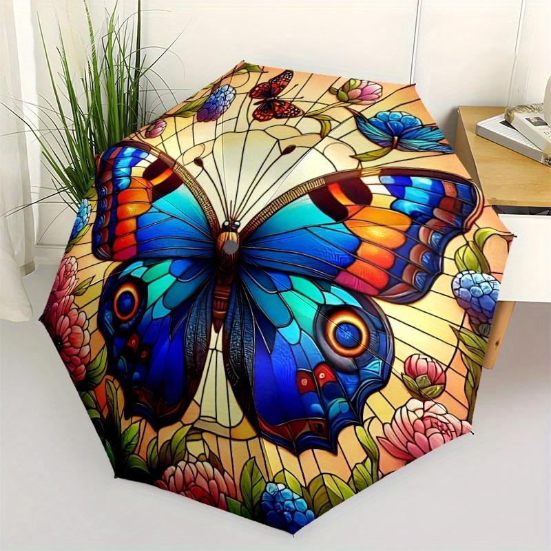 1pc Butterfly Garden Compact Travel Umbrella, Automatic Folding Lightweight Windproof 8-Bone Reinforced Design, Portable for Backpack Durabl
