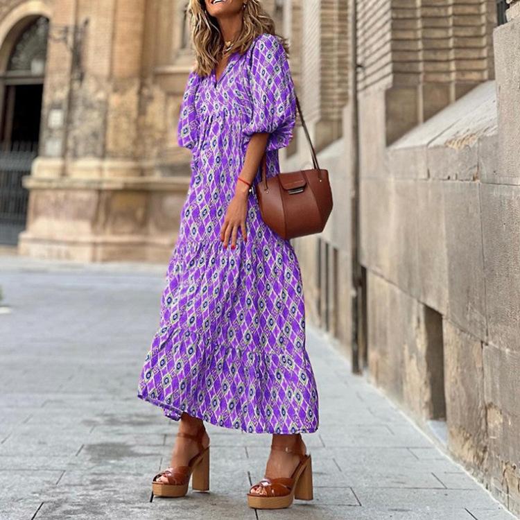 2023 Autumn New Independent Station Hot-selling Geometric Printing Bubble Sleeve Dress Street Fried Street Large Size Women's Clothing