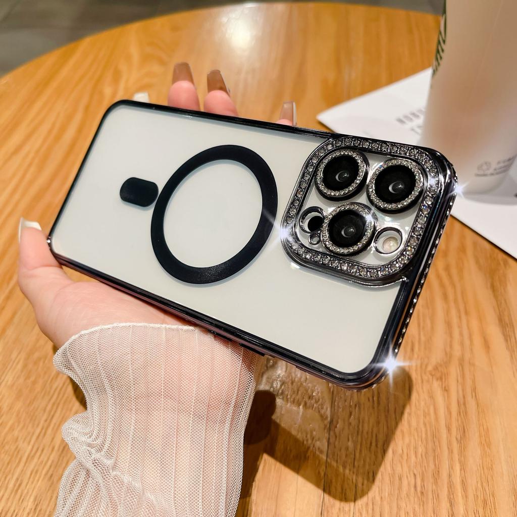 Color diamond mobile phone case Magnetic flash drill mobile phone case Edge drill, suitable for 14PROMAX lens electroplating magnetic mobile phone ca