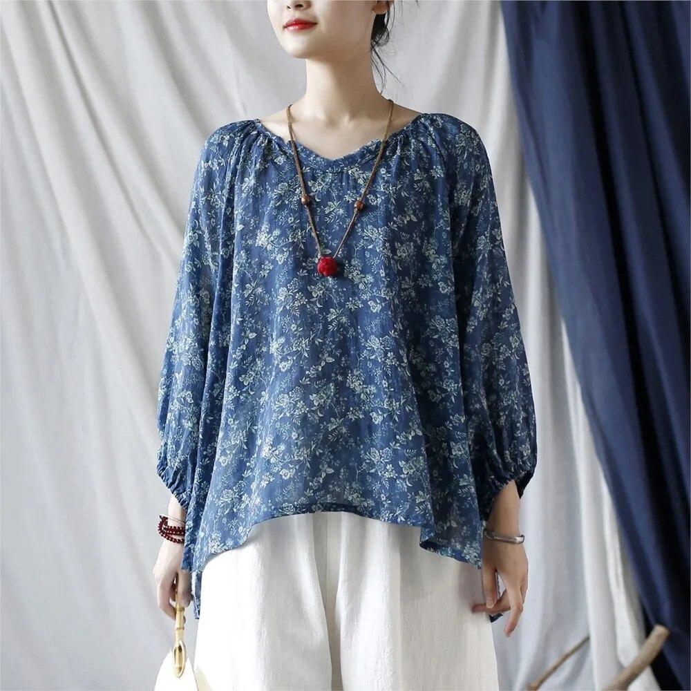 

Johnature женские винтажные синие футболки с цветочным принтом, футболки с v-образным вырезом и рукавами-фонариками, весенние свободные женские футболки высокого качества