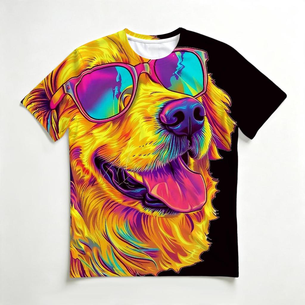Men's Crew Neck 3D Print T-Shirt, Colorful Golden Retriever With Sunglasses Graphic Casual Short Sleeve Tee