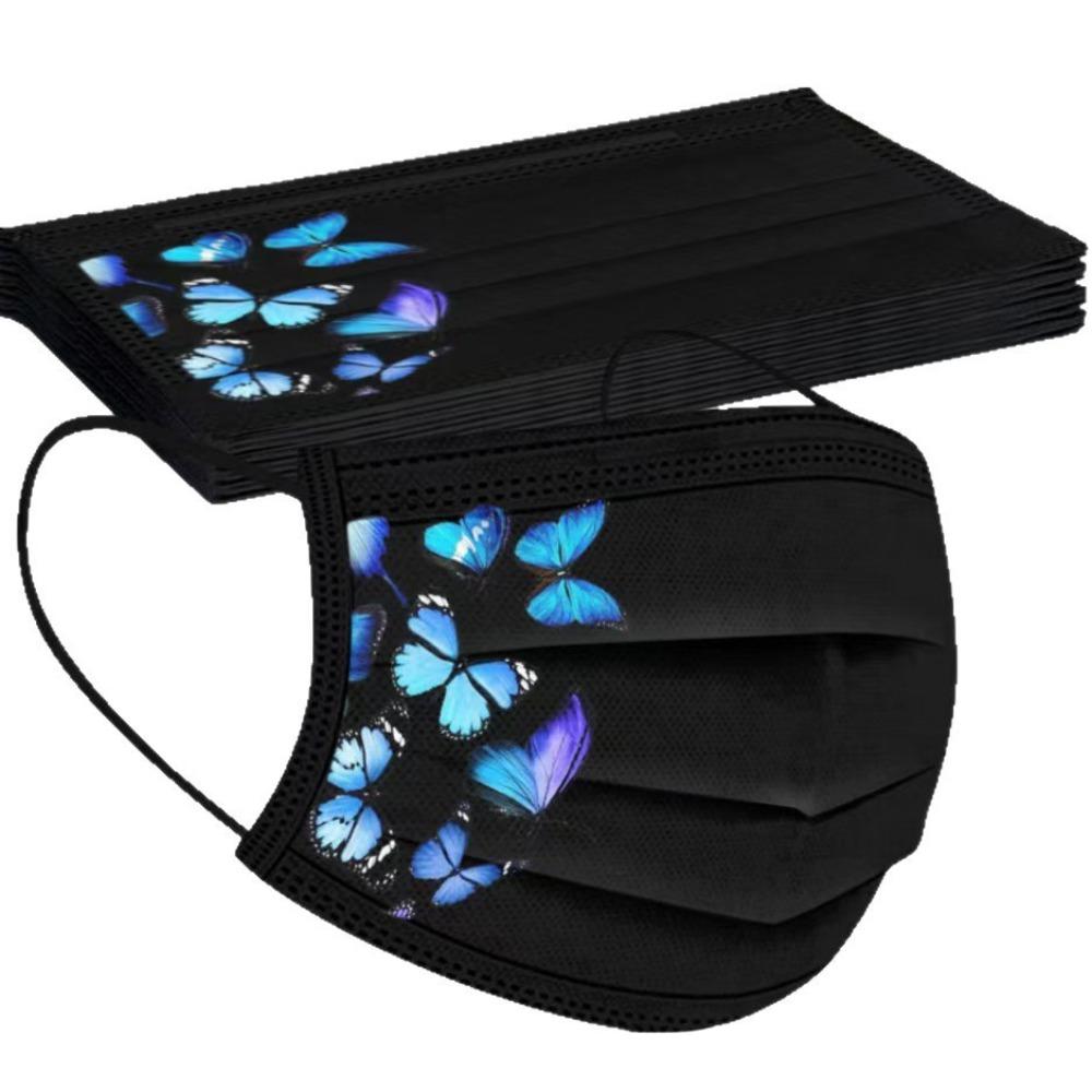 10pcs Colorful Butterfly Print Disposable Face Mask Black Three-layer Anti Dust Mask Skin Friendly Non-woven Fabric