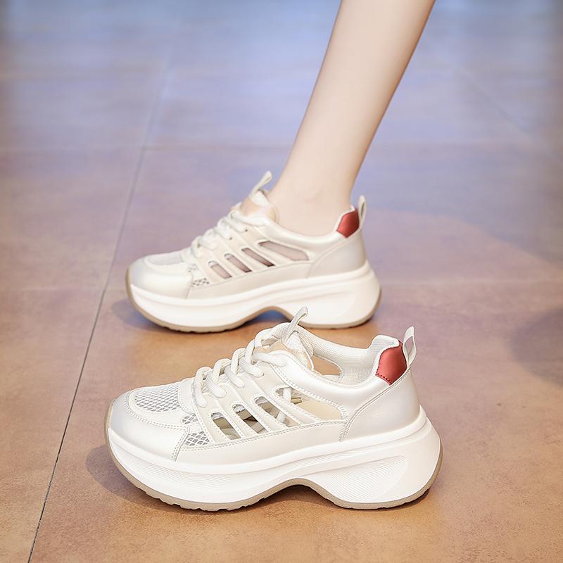 Fashion 2025 New Summer Thin Web Red Sneakers Women's Internal Heel Increase Sports Shoes Versatile Casual Thick Bottom White Mesh Shoes