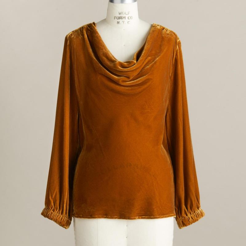 Tricou de damă nou cu mânecă lungă, culoare uni, catifea aurie, gât înalt, plisat