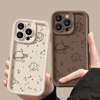 Handyhülle mit Cartoon-Planeten-Print für iPhone 16 Pro Max 15 14 Plus 13 12 Pro 11 XR mit sternförmigem Linsenschutz, stoßfeste, matte, weiche TPU-Hülle