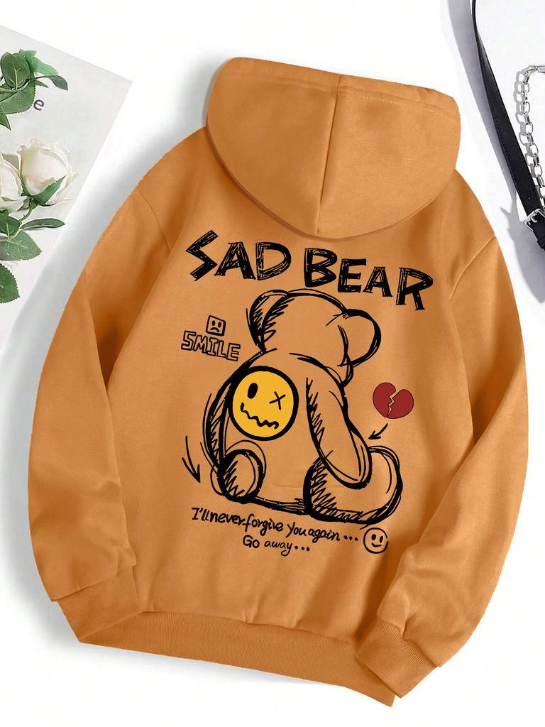 Funny Bear Cartoon Pattern Print Women Hoody Pocket Basic Versatile Top Hip Hop All-Match Comfortable Hoodie Fleece Clothes